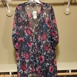 torrid Navy Floral Sheer Top with Silver Lurex Stripes